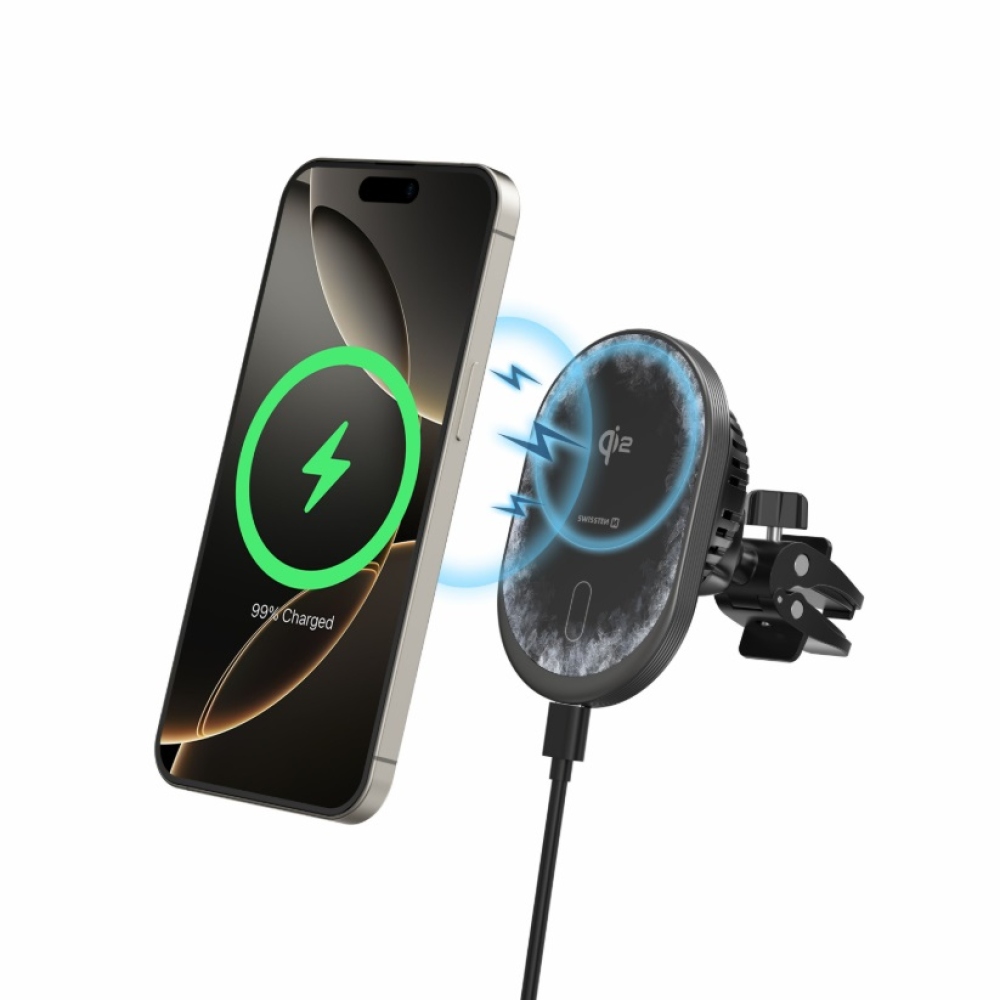 Swissten Magride mágneses szellőzőtartó QI2 15W vezeték nélküli töltéssel (kompatibilis a magsafe-rel)