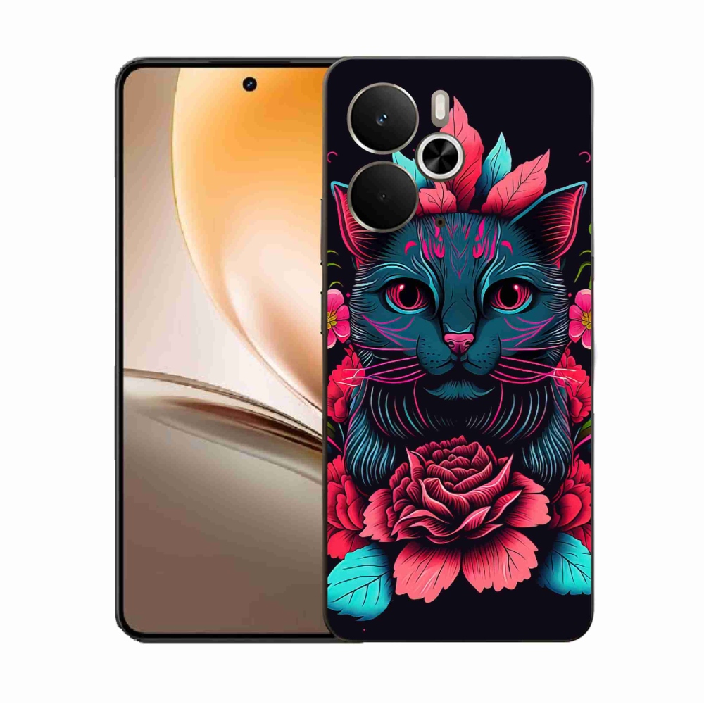 Gél borító mmCase a Realme 14 5G készülékhez - virágok és macska
