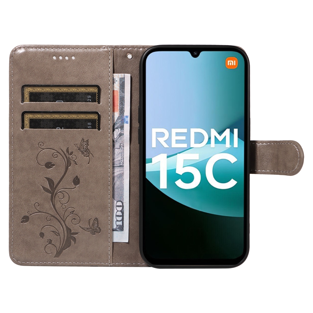 Virágok könyv tok Xiaomi Redmi 15C 4G/5G (173mm) - szürke