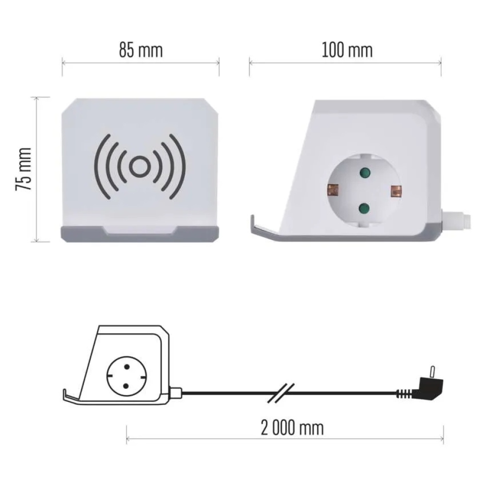 Hosszabbító kábel - kocka 2 m / 2 aljzat / fehér / 2×USB-A+1×USB-C+Qi / 1,5 mm2