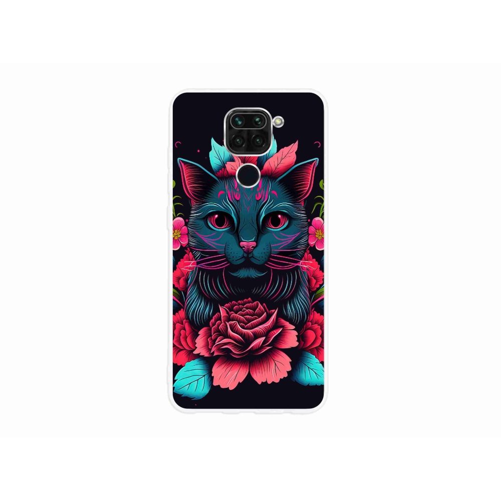 Gél borító mmCase a Xiaomi Redmi Note 9-hez - virágok és macska