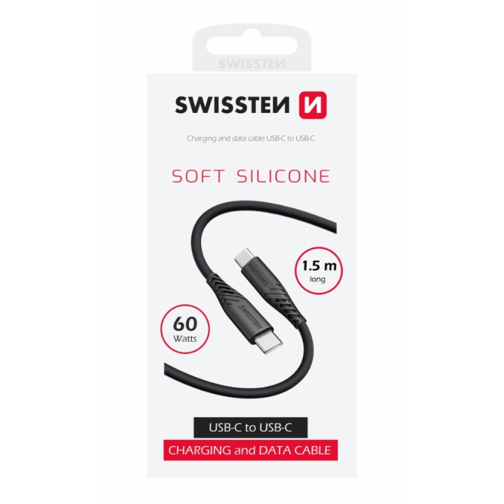 Swissten USB-C/USB-C szilikon kábel töltéshez és szinkronizáláshoz 1,5 m 60W - fekete