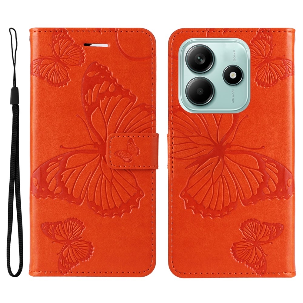 Nagy pillangó könyv tok Xiaomi Redmi Note 14 5G - narancssárga színben