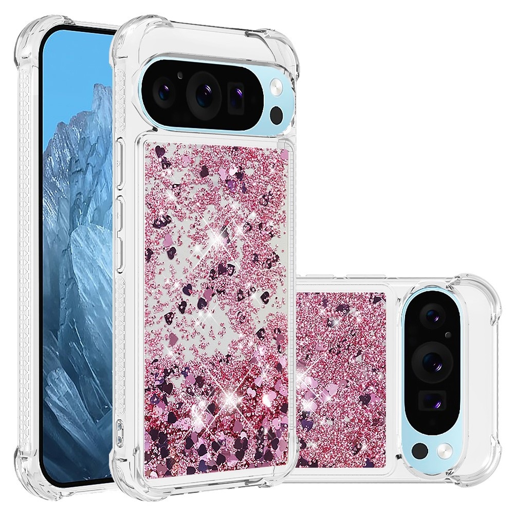 Csillogó homokóra zselés tok Google Pixel 10 Pro/Pixel 10 - rózsaarany/szív