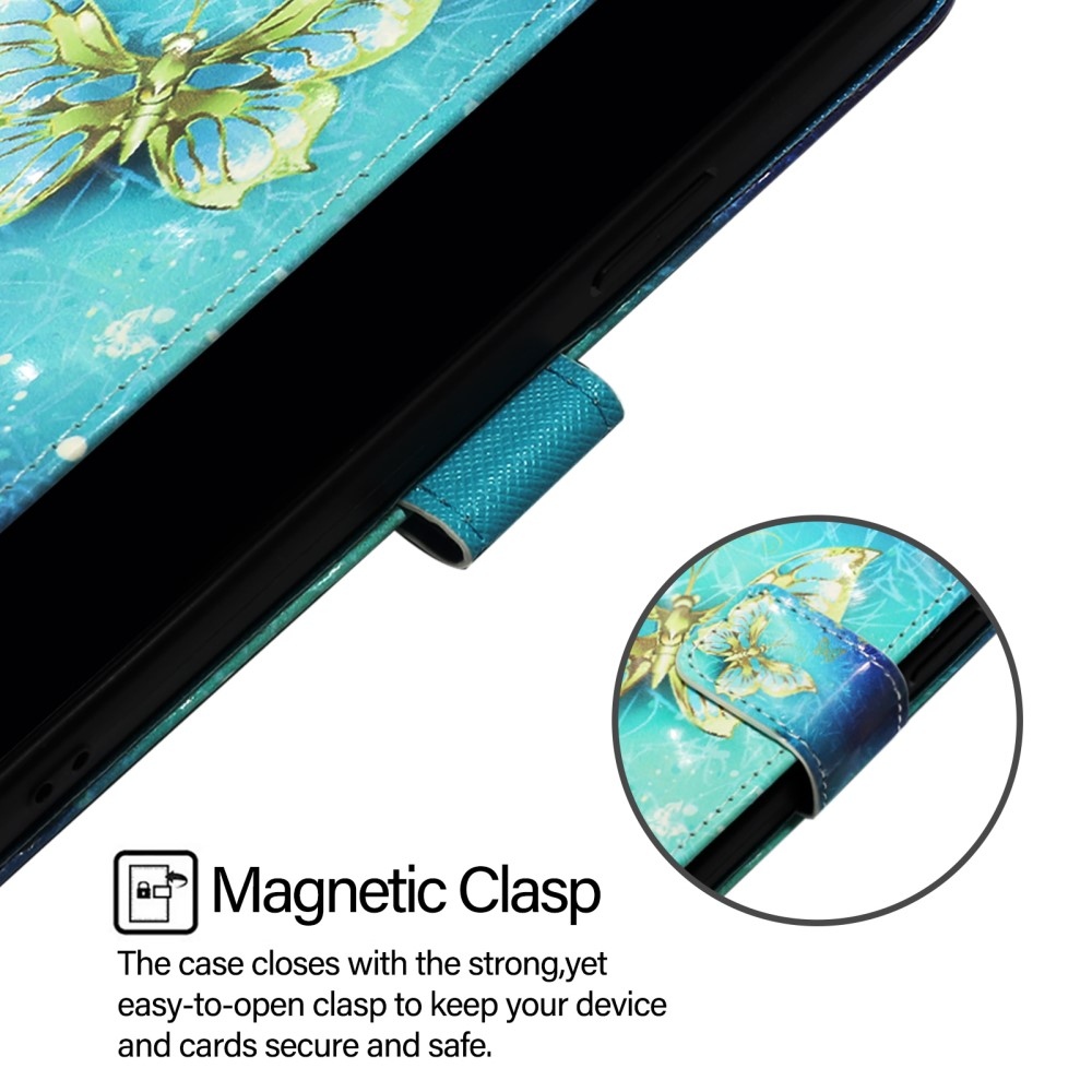 Patte könyv tok Samsung Galaxy M55 5G - kék és arany pillangókhoz