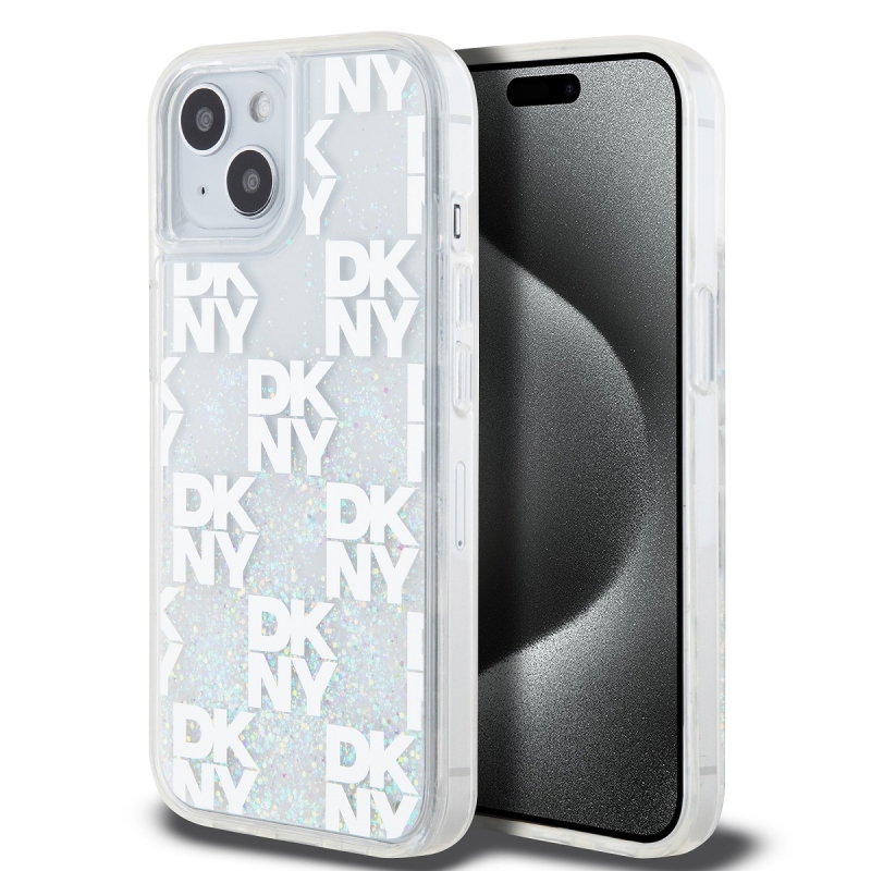 DKNY Liquid Glitter Checkered Pattern hátlap iPhone 15 átlátszó borítóhoz