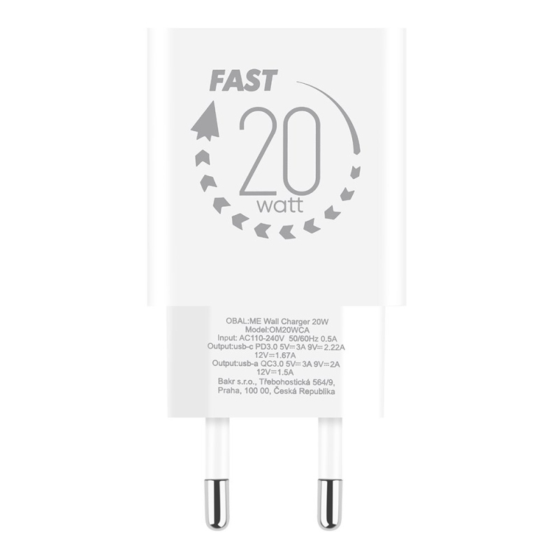 Csomag:ME utazási töltő USB-A + USB-C 20W + 2x kábel 1m Fehér