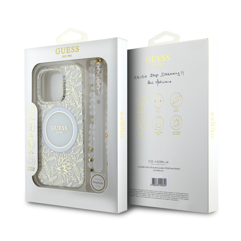 Guess IML Virágok Allover Strap MagSafe hátlapi borító iPhone 16 Pro Max fehérhez