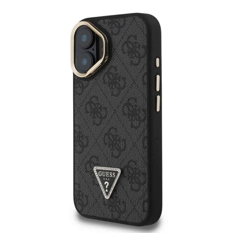 Guess PU 4G Strass háromszög logó állvány kamerakeret MagSafe hátlapi borító iPhone 16-hoz Fekete