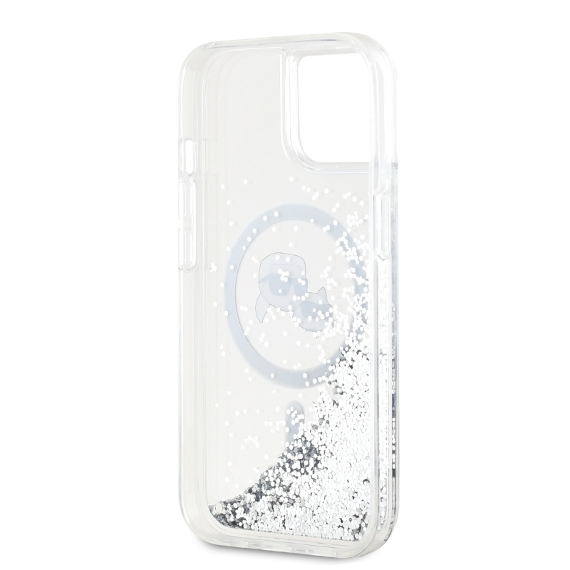 Karl Lagerfeld Liquid Glitter Karl és Choupette fejek MagSafe hátlap iPhone 15-hez Átlátszó