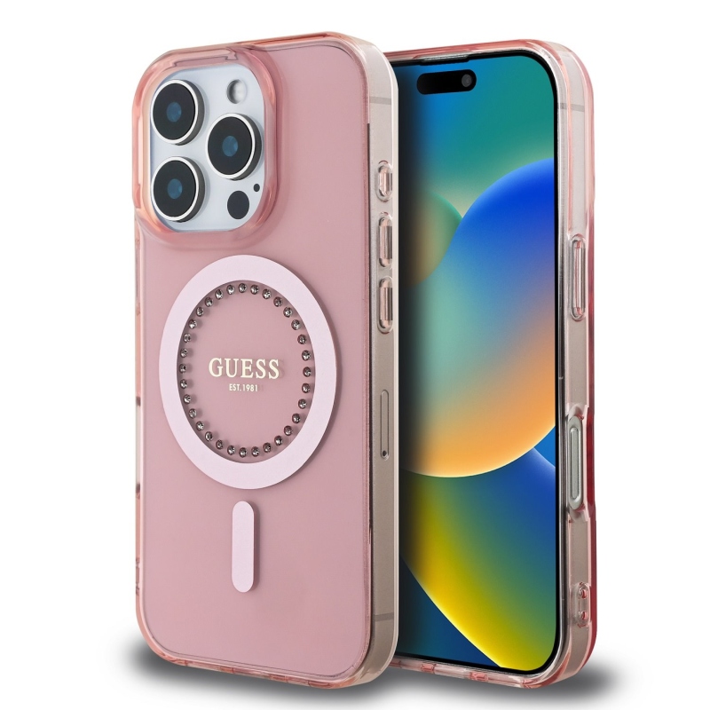 Guess IML strasszos gyűrű MagSafe hátlap iPhone 16 Pro rózsaszínű iPhone 16 Pro számára