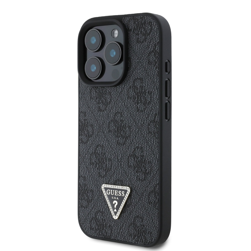 Guess PU 4G Strass háromszög fém logó hátlap iPhone 16 Pro Max fekete