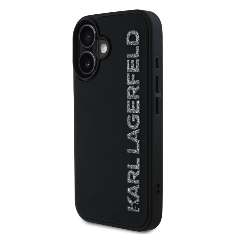 Karl Lagerfeld 3D gumiból készült csillogó logós hátlap iPhone 16-hoz Fekete