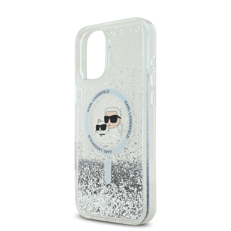 Karl Lagerfeld Folyékony csillogó Karl és Choupette fejek MagSafe hátlap iPhone 16-hoz Átlátszó