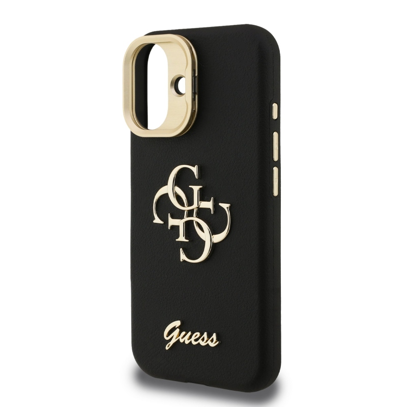 Guess PU szemcsés 4G Logo Stand Kamera keret hátlapi borító iPhone 16-hoz Fekete