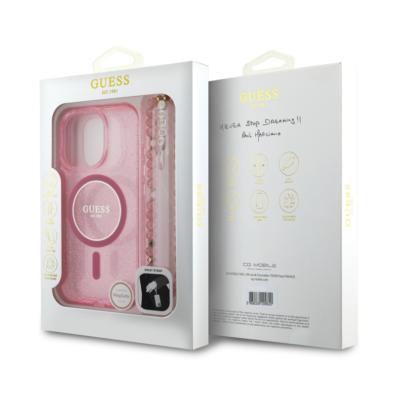 Guess IML csillogó pántos MagSafe hátlap iPhone 16 Pro rózsaszínű iPhone 16 Pro készülékhez