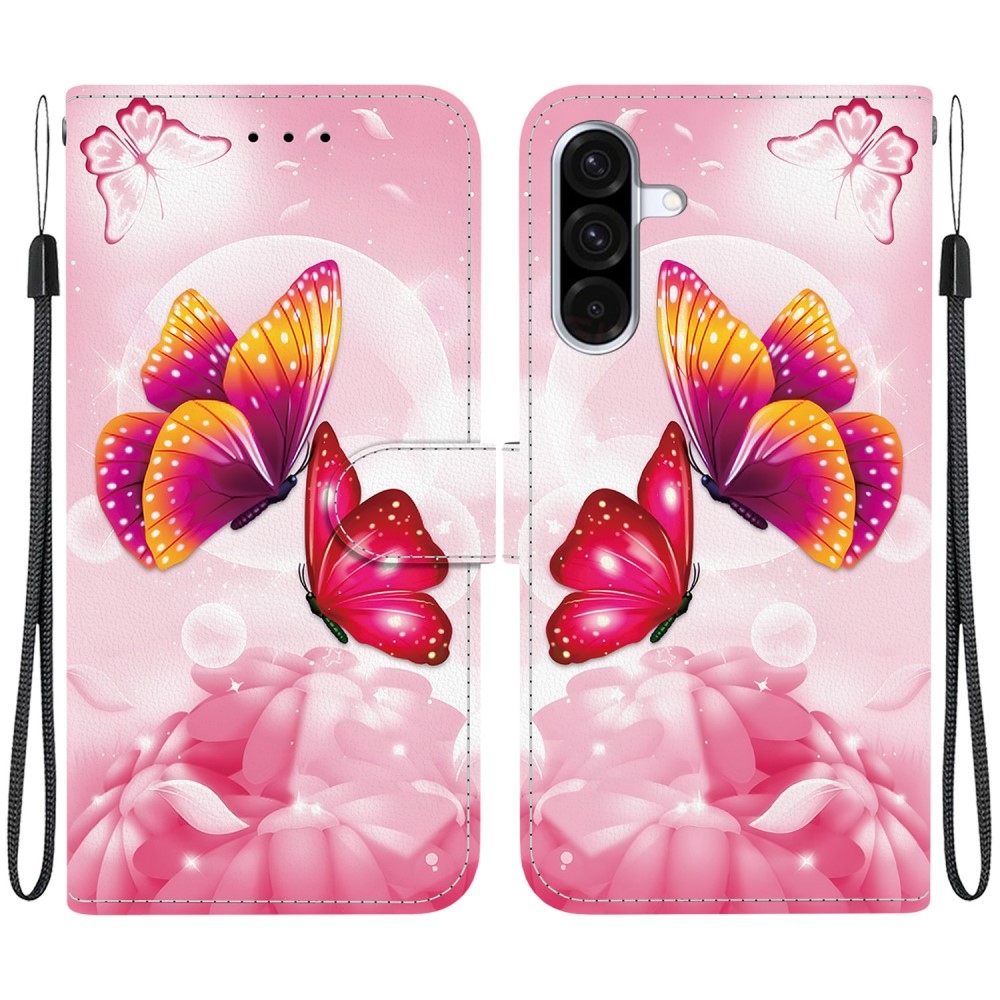 Sokoldalú könyvtáska Samsung Galaxy A36 5G/A56 5G - rózsaszín pillangókhoz