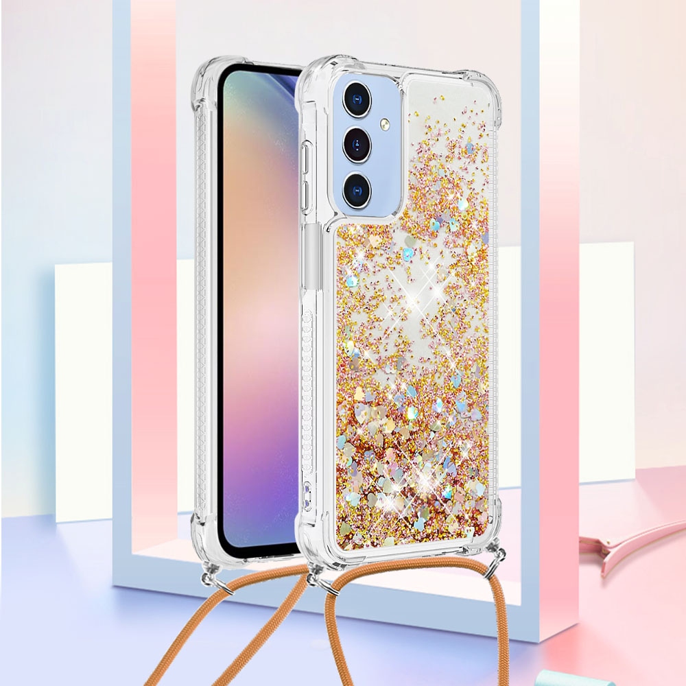 Csillogó homokóra zselés tok zsinórral Samsung Galaxy A17 5G - arany/szív