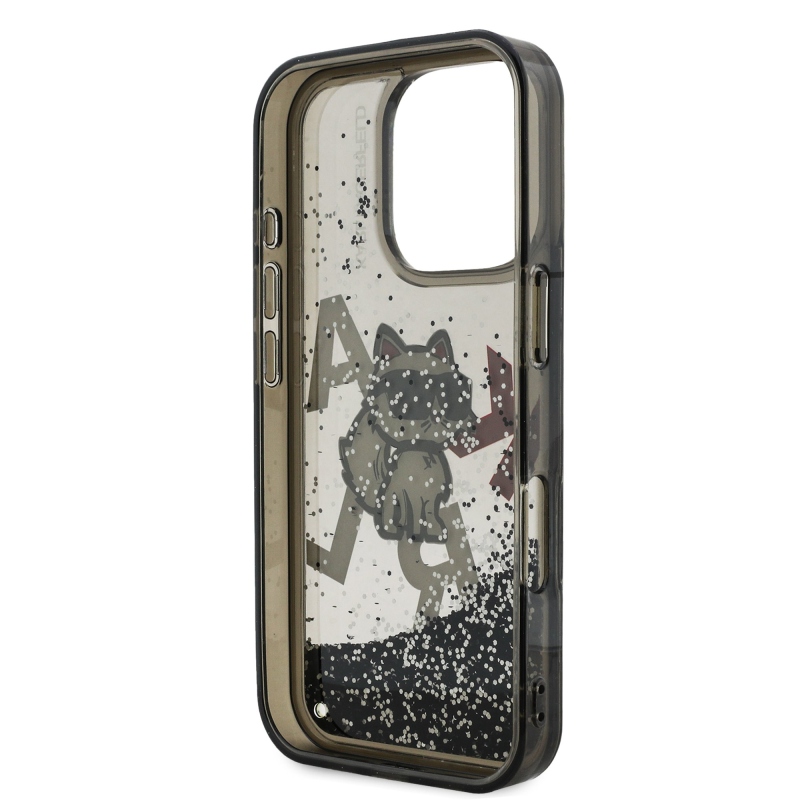 Karl Lagerfeld Folyékony csillámos, szórt csillogású Choupette hátlap iPhone 16 Pro Max-hoz Fekete