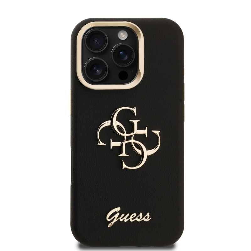 Guess PU szemcsés 4G Logo Stand Kamera keret hátlapi borító iPhone 16 Pro Max-hoz fekete