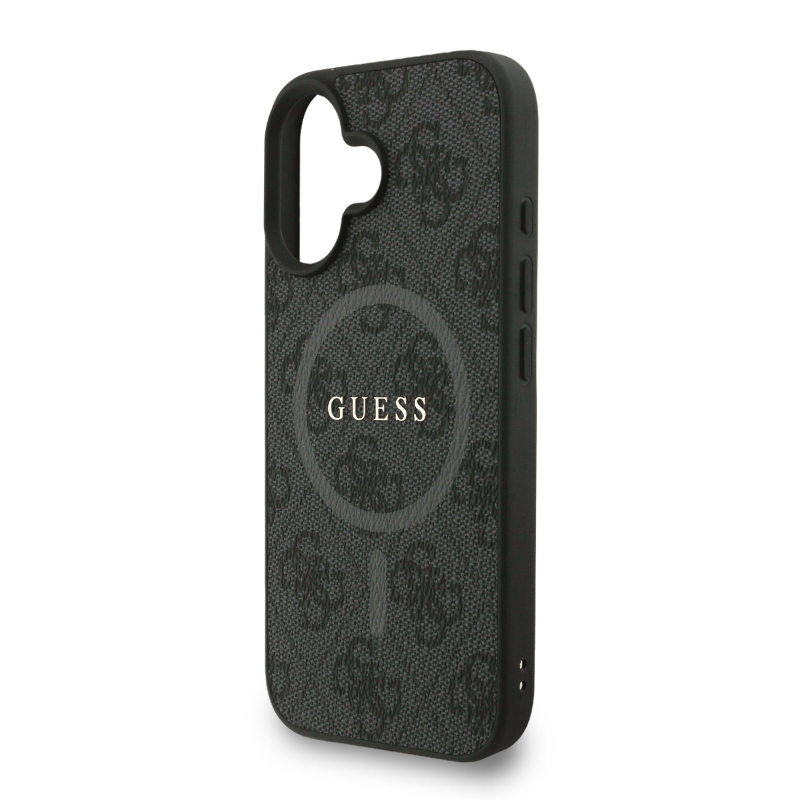Guess PU bőr 4G színes gyűrűs pánt MagSafe hátlap iPhone 16-hoz Fekete