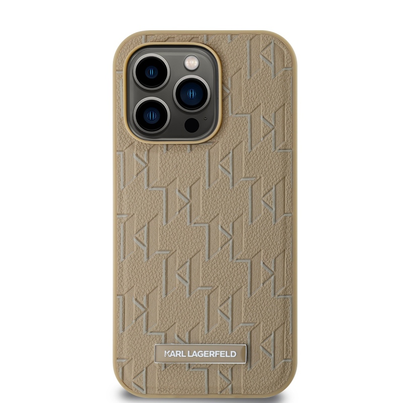 Karl Lagerfeld PU bőr monogram fém logó Magsafe hátlap iPhone 14 Pro bézs színű borítóhoz