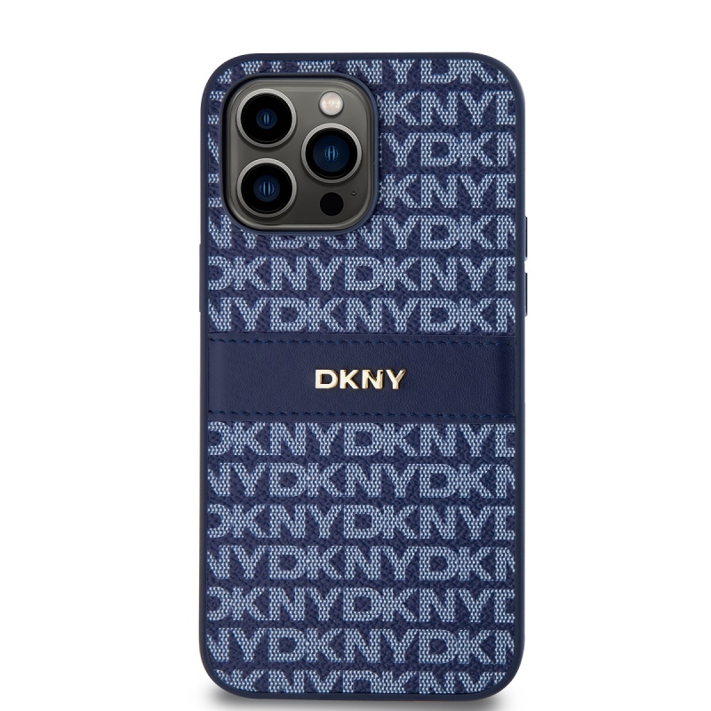 DKNY PU bőr ismétlődő mintás tonális csíkos hátlapi borító iPhone 14 Pro kékhez