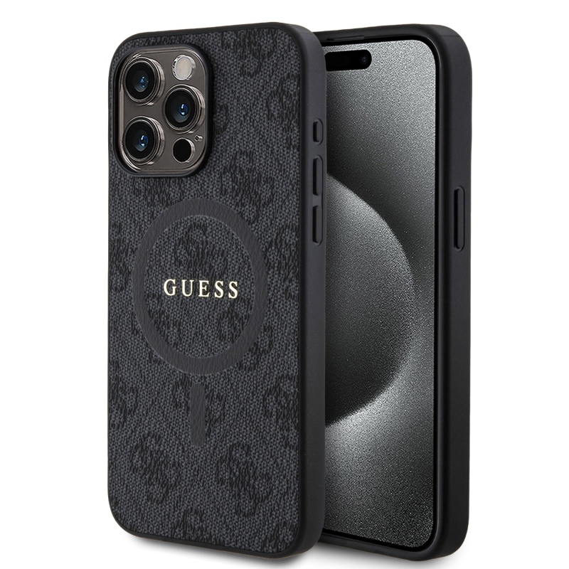 Guess PU bőr 4G színes gyűrűs MagSafe hátlap iPhone 15 Pro Max-hoz Fekete