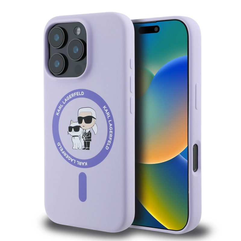 Karl Lagerfeld folyékony szilikon Karl és Choupette MagSafe hátlapi borító iPhone 16 Pro lila színhez