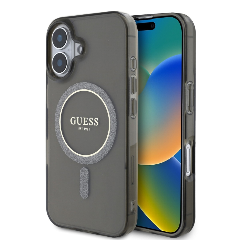 Guess IML Glitter Ring MagSafe hátlap iPhone 16-hoz Fekete