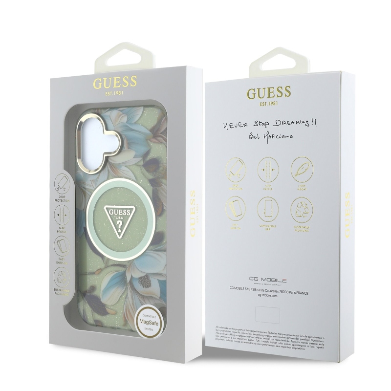 Guess IML Glitter Magnolia és háromszög logóval ellátott MagSafe hátlap iPhone 16-hoz Zöld