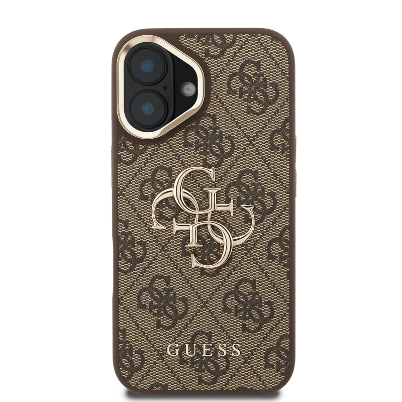 Guess PU 4G fém logó állvány kamera keret hátlap iPhone 16 barna barna