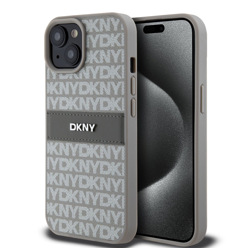 DKNY PU bőr ismétlődő mintás tonális csíkos hátlapi borító iPhone 15 bézs színűre