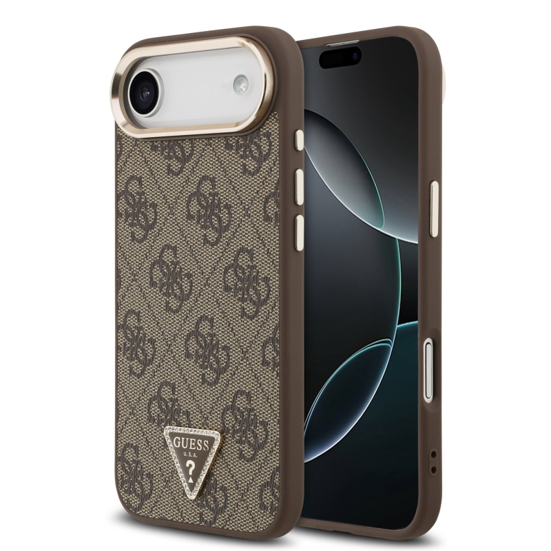 Guess PU bőr 4G Strass háromszög logó arany keret MagSafe hátlapi borító iPhone Air barna barna