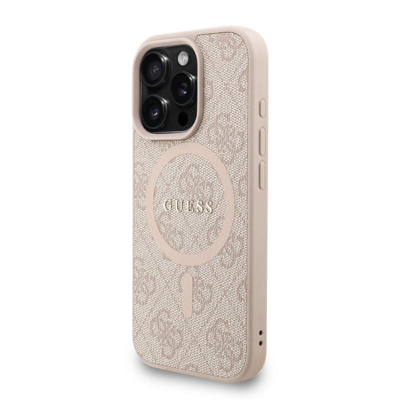 Guess PU bőr 4G színes gyűrűs pánt MagSafe hátsó borító iPhone 16 Pro rózsaszínhez