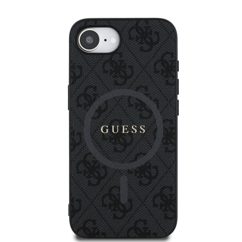 Guess PU bőr 4G színes gyűrűs MagSafe hátlap iPhone 16e Fekete