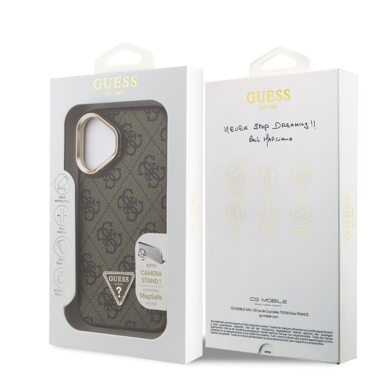 Guess PU 4G Strass háromszög logó állvány kamera keret MagSafe hátlapi borító iPhone 16 barna barna