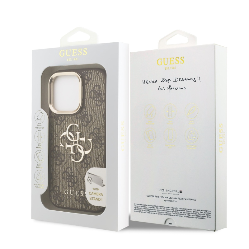 Guess PU 4G fém logó állvány kamera keret hátlapja iPhone 16 Pro Max barna barna