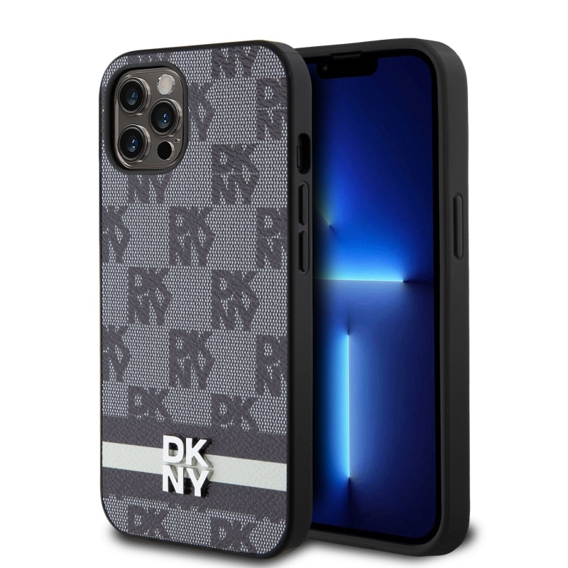 DKNY PU bőrből készült kockás mintás és csíkos hátlapi borító iPhone 12/12 Pro fekete színhez