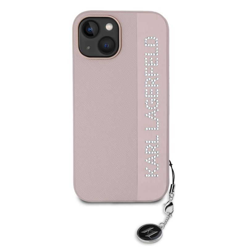 Karl Lagerfeld PU Saffiano strasszos varázslatos hátsó borító iPhone 15 rózsaszínű készülékhez