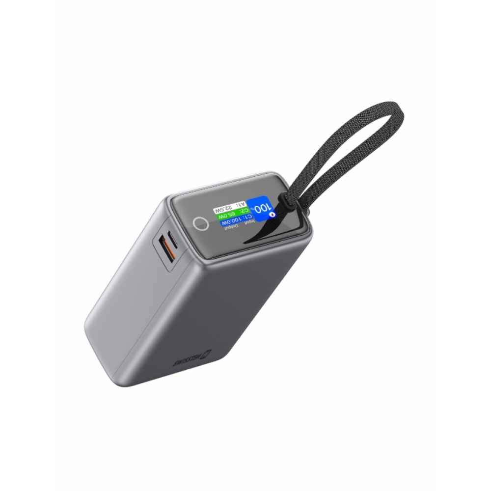 Swissten Travel Powerbank 25000 mAh (96.25Wh) 100 W integrált USB-C kábellel - szürke