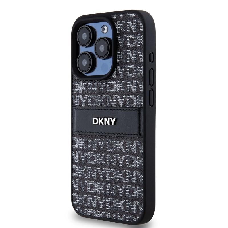 DKNY PU bőr ismétlődő mintás tonális csíkos hátlap iPhone 14 Pro Max-hoz Fekete