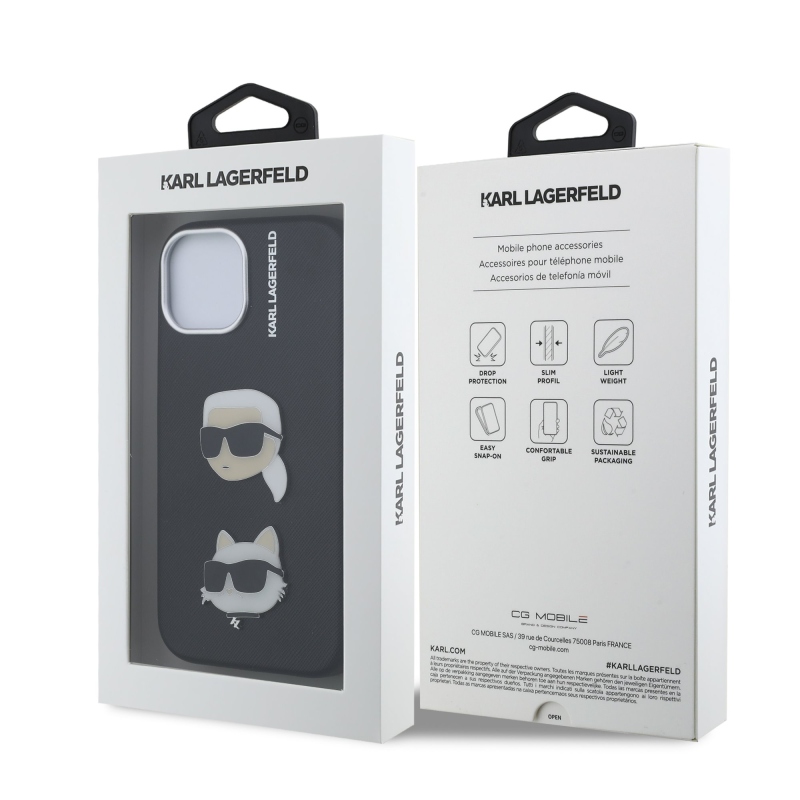 Karl Lagerfeld szemcsés PU K&CH Heads hátlap iPhone 15-hez Fekete