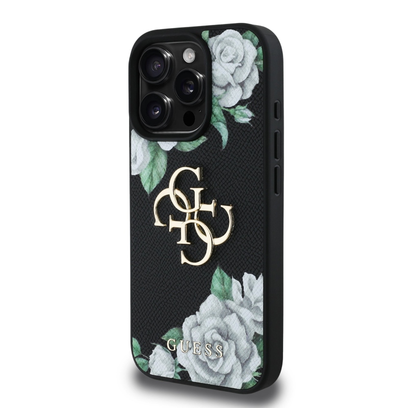 Guess PU szemcsés rózsák 4G fém logó hátlap iPhone 16 Pro fekete