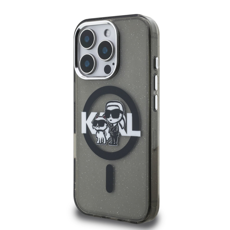 Karl Lagerfeld IML Glitter Karl és Choupette Sketch MagSafe hátlapi borító iPhone 16 Pro-hoz Fekete