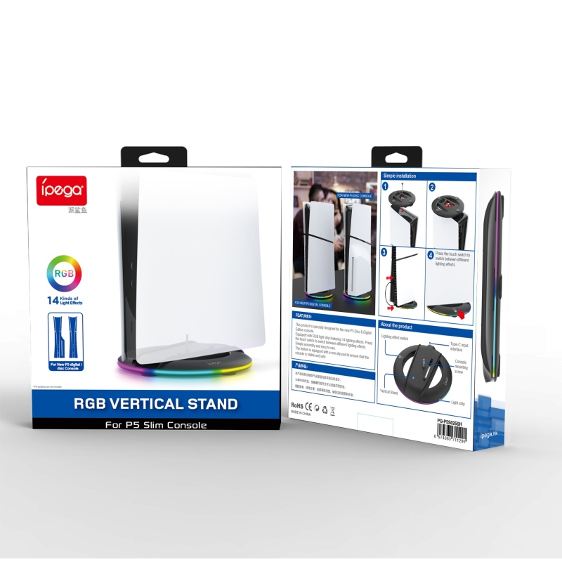 iPega P5S025S Függőleges állvány RGB-vel a PS5 Slimhez Fekete