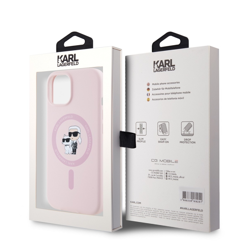 Karl Lagerfeld Folyékony szilikon Karl és Choupette Magsafe hátlap iPhone 15 rózsaszínű készülékhez