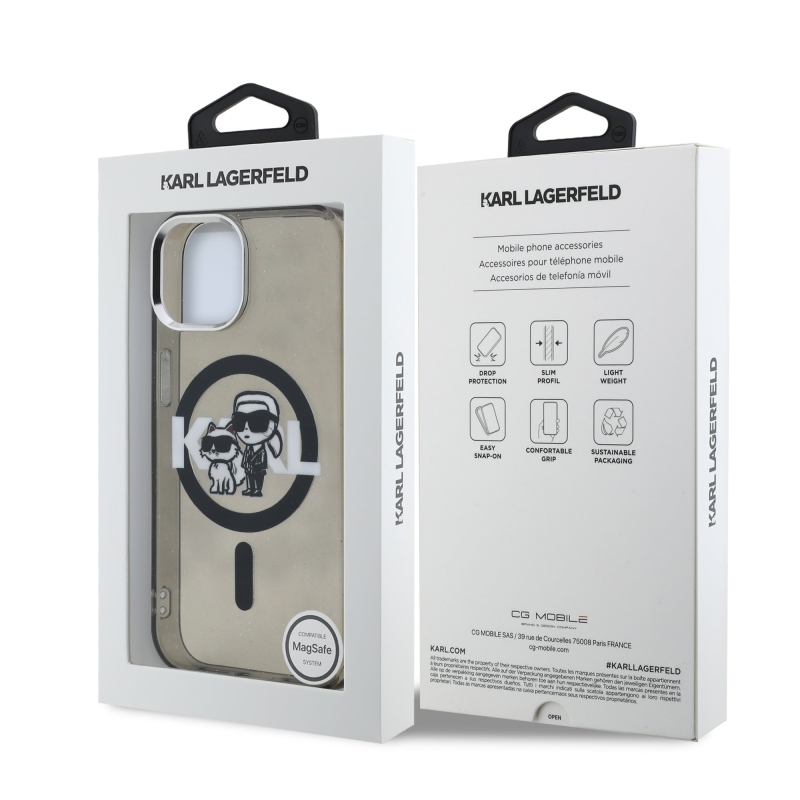Karl Lagerfeld IML Glitter Karl és Choupette Sketch MagSafe hátlapi borító iPhone 15-hez Fekete