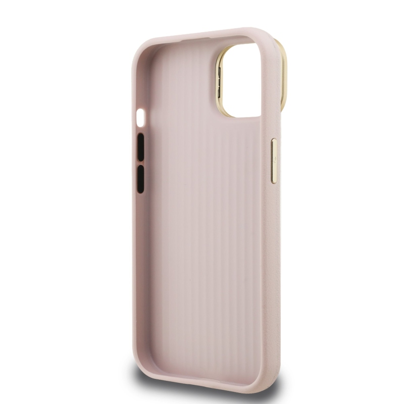 Guess PU szemcsés 4G Logo Stand Kamera keret hátlapi borító iPhone 15 rózsaszínhez