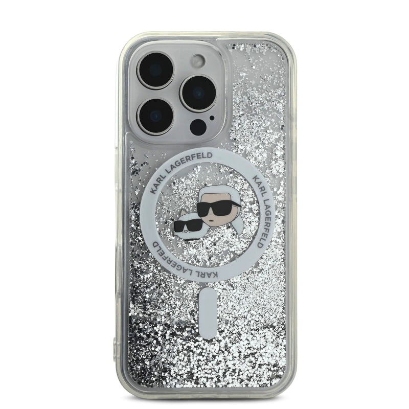 Karl Lagerfeld folyékony csillogó Karl és Choupette fejek MagSafe hátlap iPhone 16 Pro Max átlátszóhoz